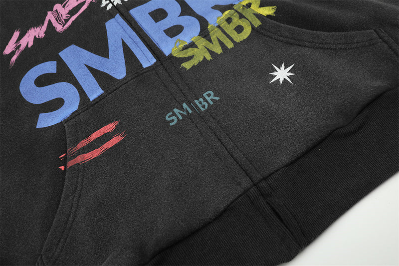 SMBR Graffiti-Logo-Zip-Hoodie – Verwaschene Oversize-Streetwear