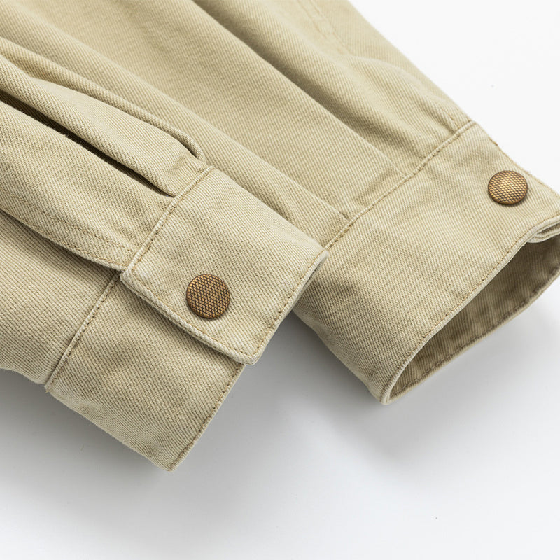 Men's Khaki Workwear Jacket – Relaxed Fit with Plaid Collar & Multi-Pocket