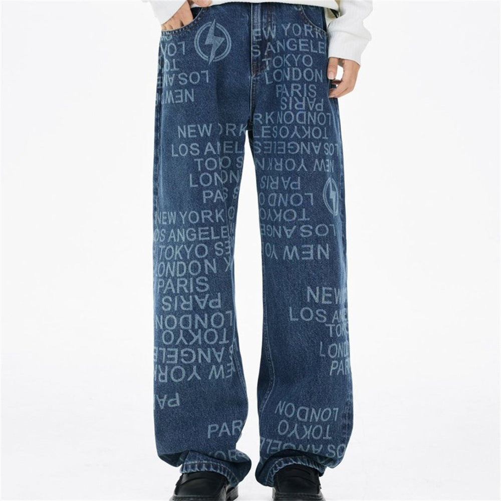 Men's Wide Straight-Leg Jeans – Allover City Names & Lightning Bolt Print