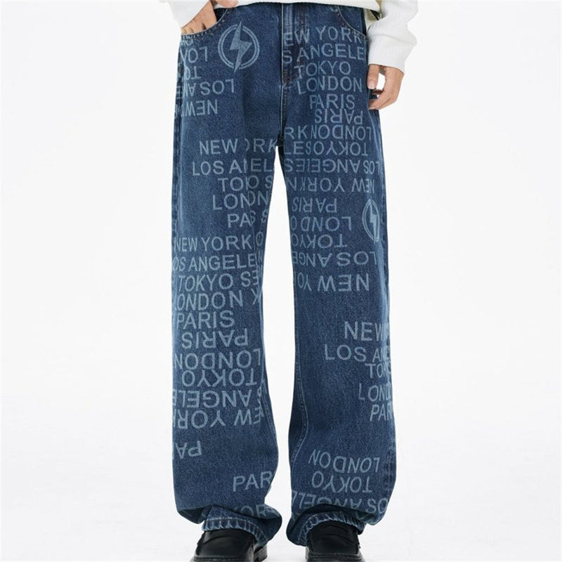 Men's Wide Straight-Leg Jeans – Allover City Names & Lightning Bolt Print