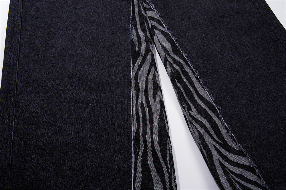 Wide-Leg Zebra Print Patchwork Jeans – Dark Wash Denim with Raw-Edge Waistband