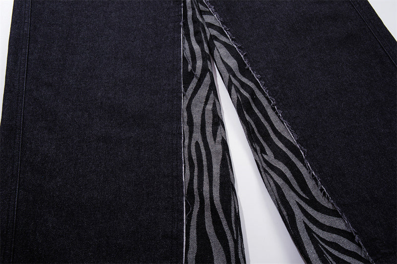 Wide-Leg Zebra Print Patchwork Jeans – Dark Wash Denim with Raw-Edge Waistband