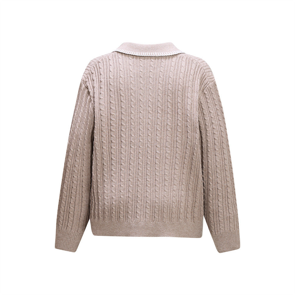 Oversized V-Neck Sweater – Cable Knit Polo Collar Long Sleeve Pullover