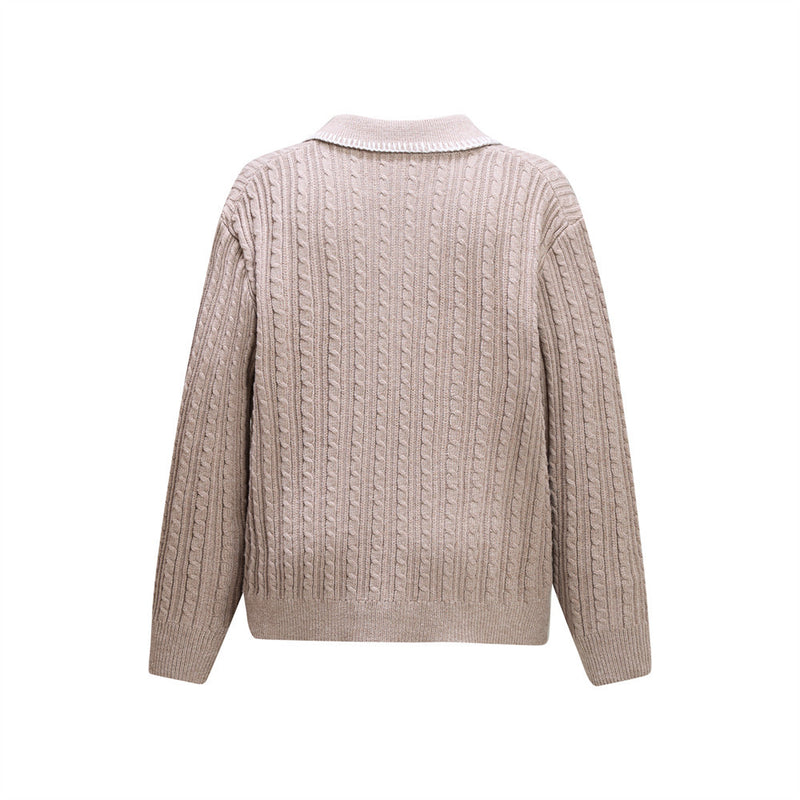 Oversized V-Neck Sweater – Cable Knit Polo Collar Long Sleeve Pullover