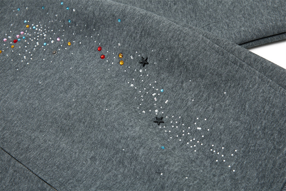 Herren-Zip-Hoodie aus Oversized-Fleece mit Strasssteinen und Galaxie-Sternen