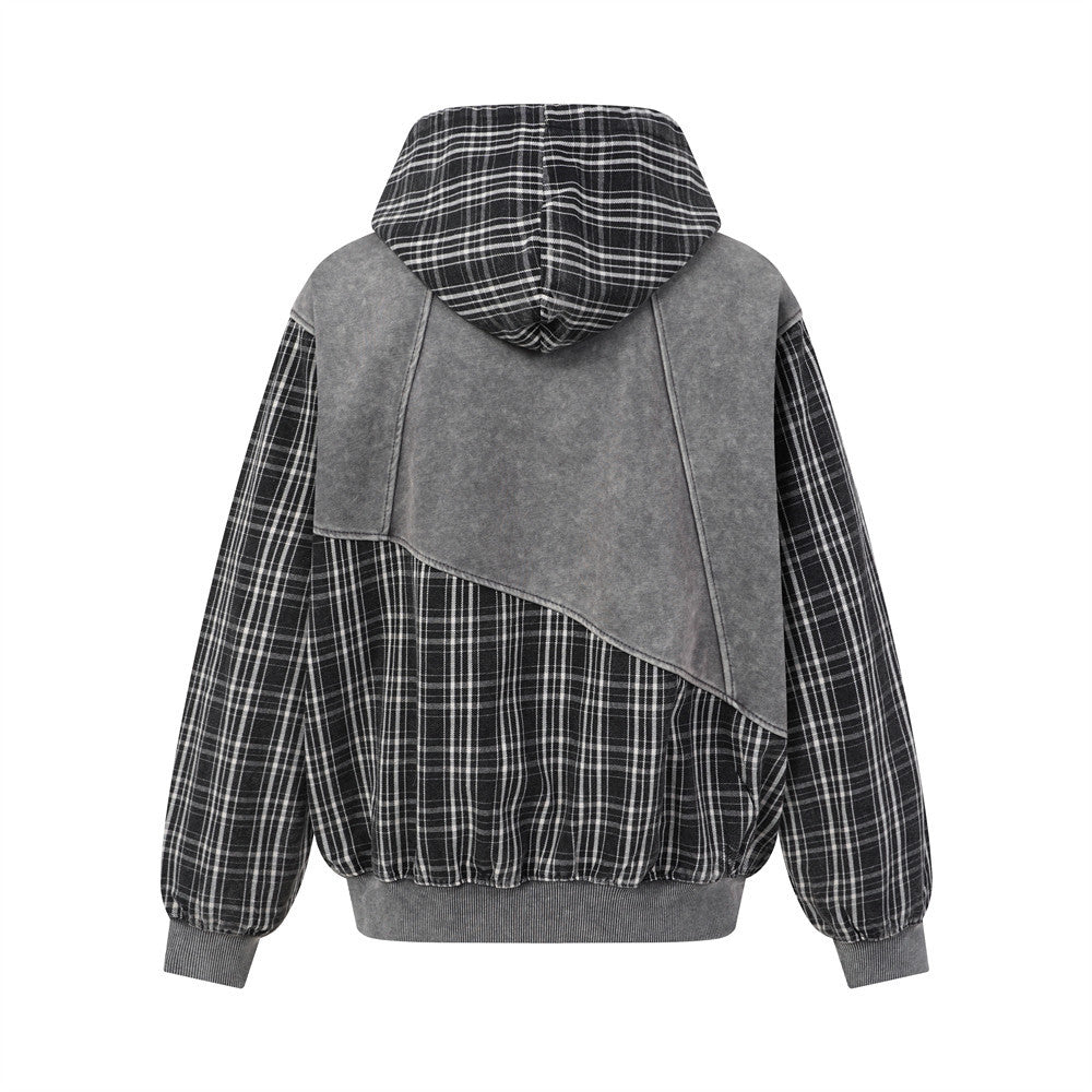Veste hoodie zippée à patchwork écossais – Coupe oversize délavée et déconstruite