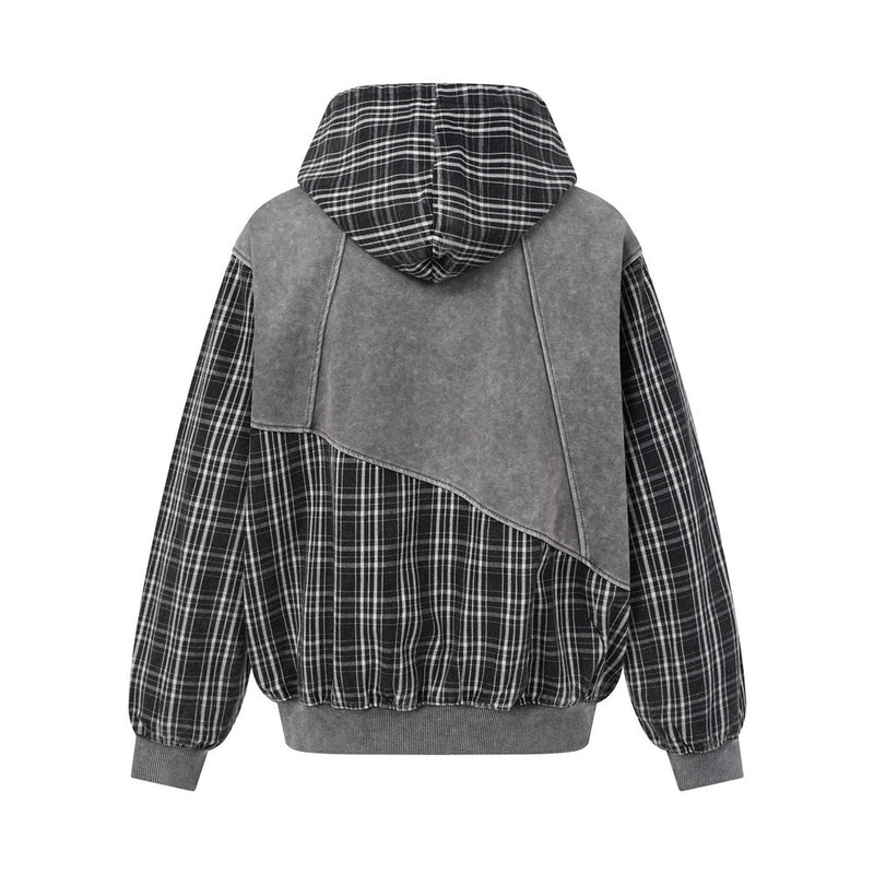 Veste hoodie zippée à patchwork écossais – Coupe oversize délavée et déconstruite