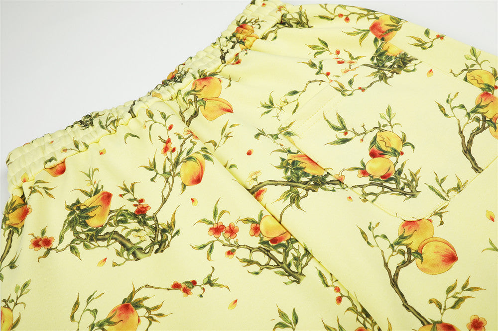 Wide-Leg Pants – All-Over Peach Blossom Branch Print, Relaxed Straight Fit