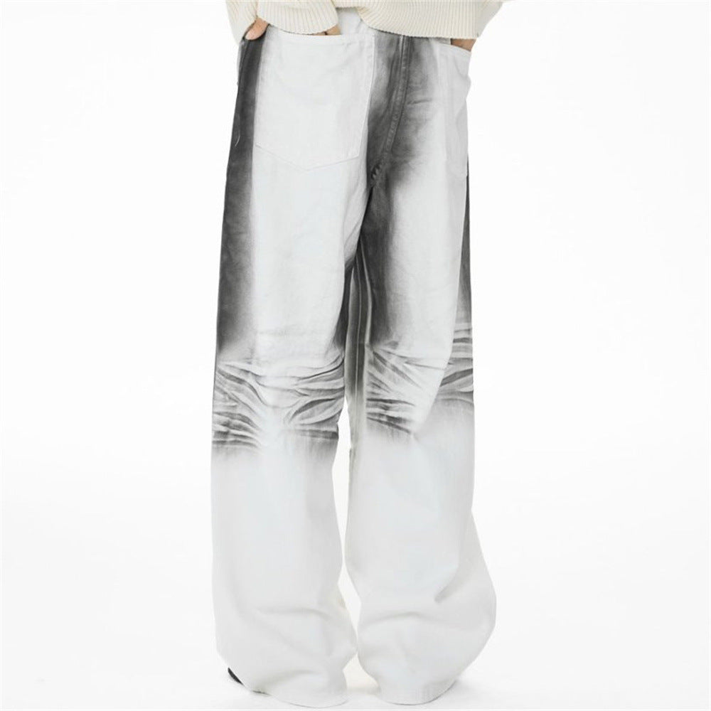 Men's Wide-Leg Baggy Jeans – Ink Wash Gradient Crinkle Print, Straight Fit
