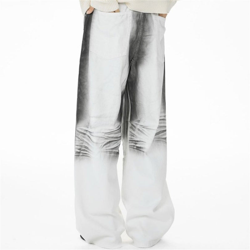 Men's Wide-Leg Baggy Jeans – Ink Wash Gradient Crinkle Print, Straight Fit