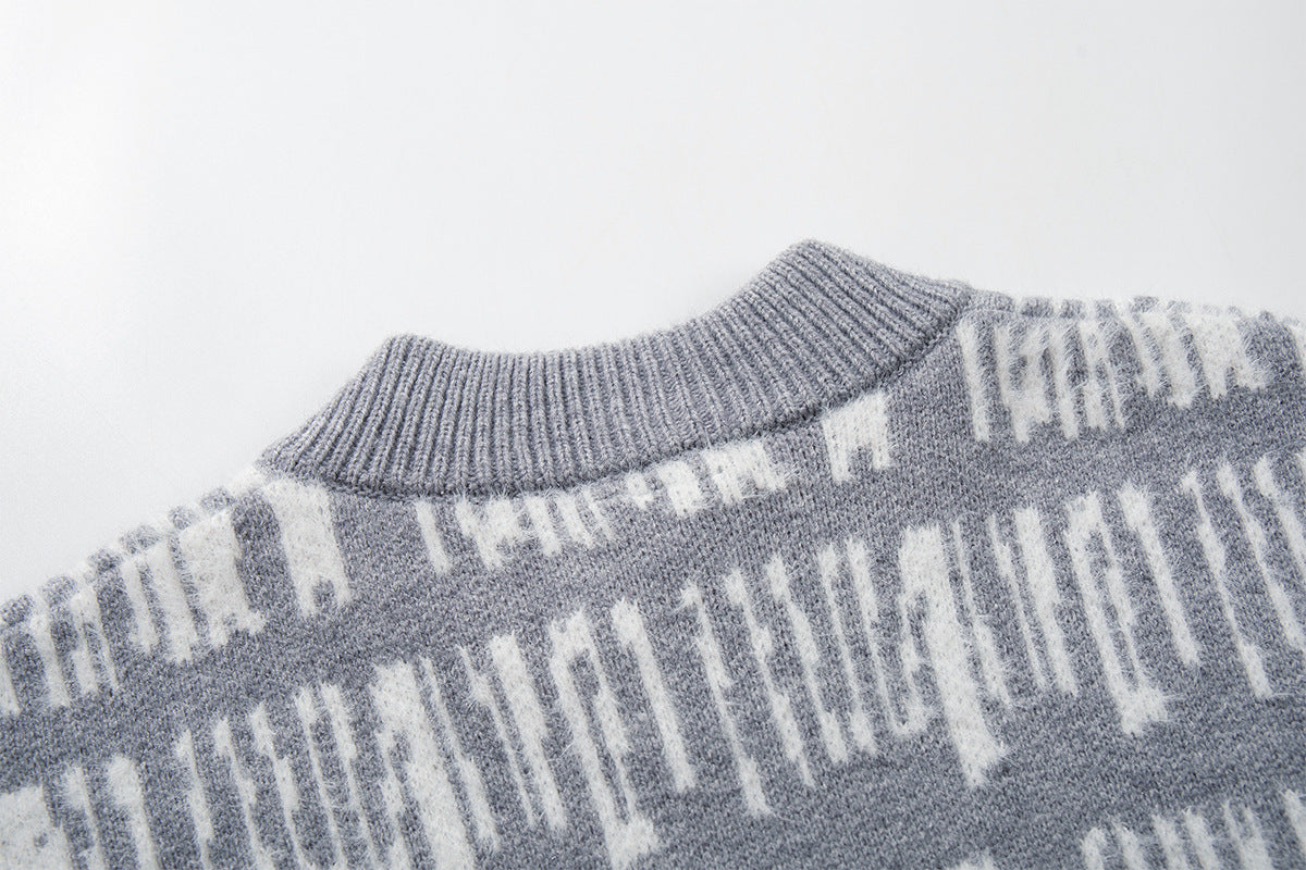 Abstract Stripe Jacquard Knit Sweater – Henley Neck, Oversized Fit