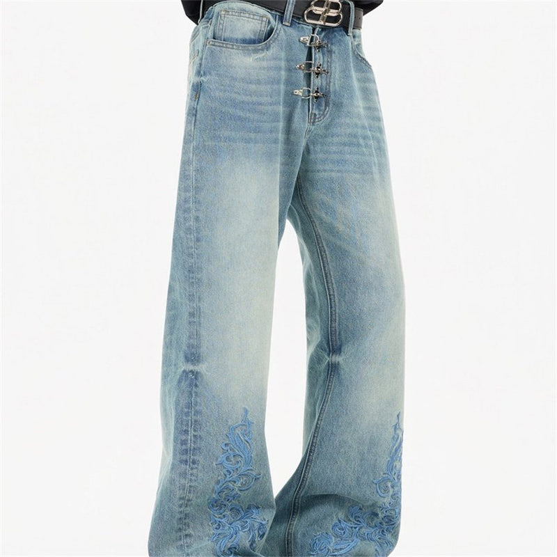 Men's Light Wash Jeans – Floral Embroidery, Metal Clasp Fly & Straight Leg