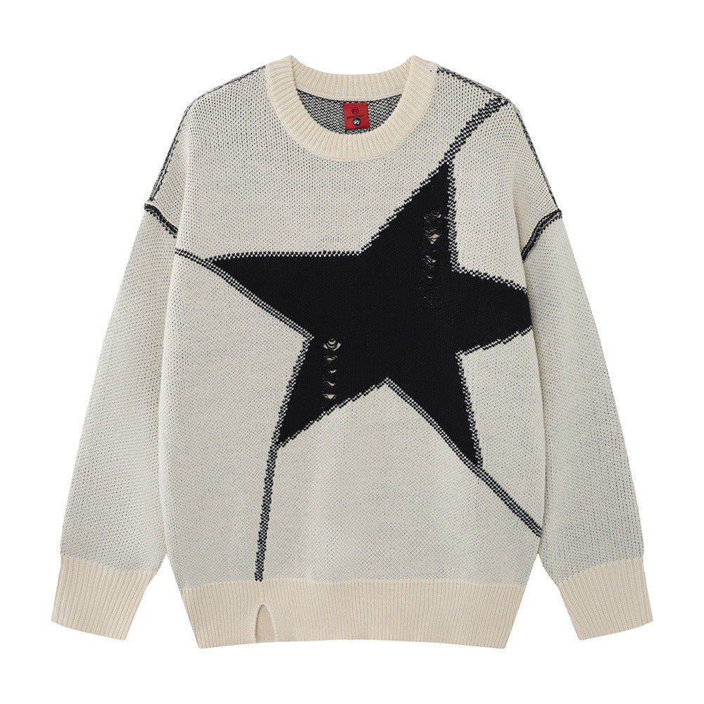 Men Crew Neck Sweater Oversized Star Knit Distressed Colorblock