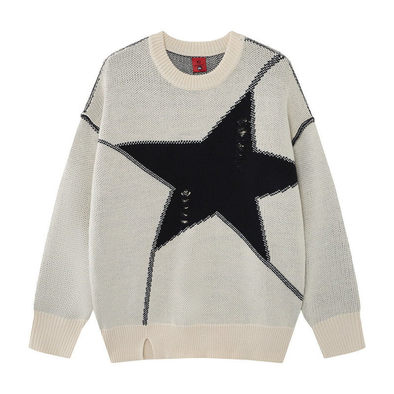 Men Crew Neck Sweater Oversized Star Knit Distressed Colorblock