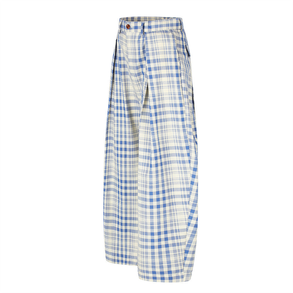 Wide-Leg Pleated Trousers in Blue Plaid Check