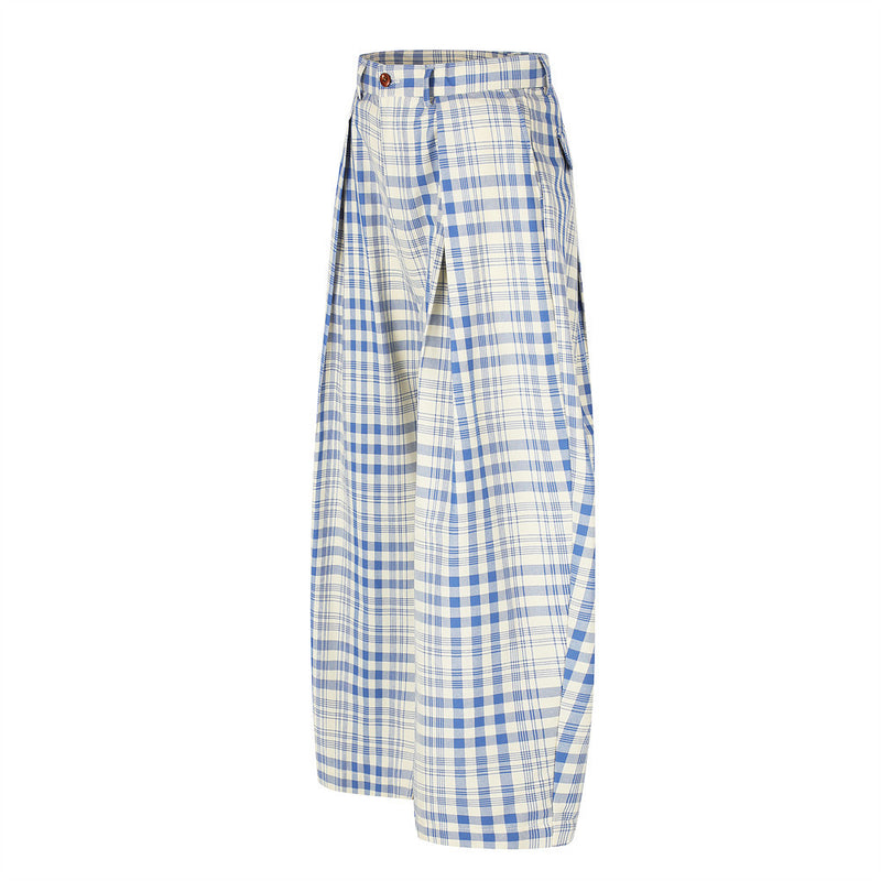 Wide-Leg Pleated Trousers in Blue Plaid Check