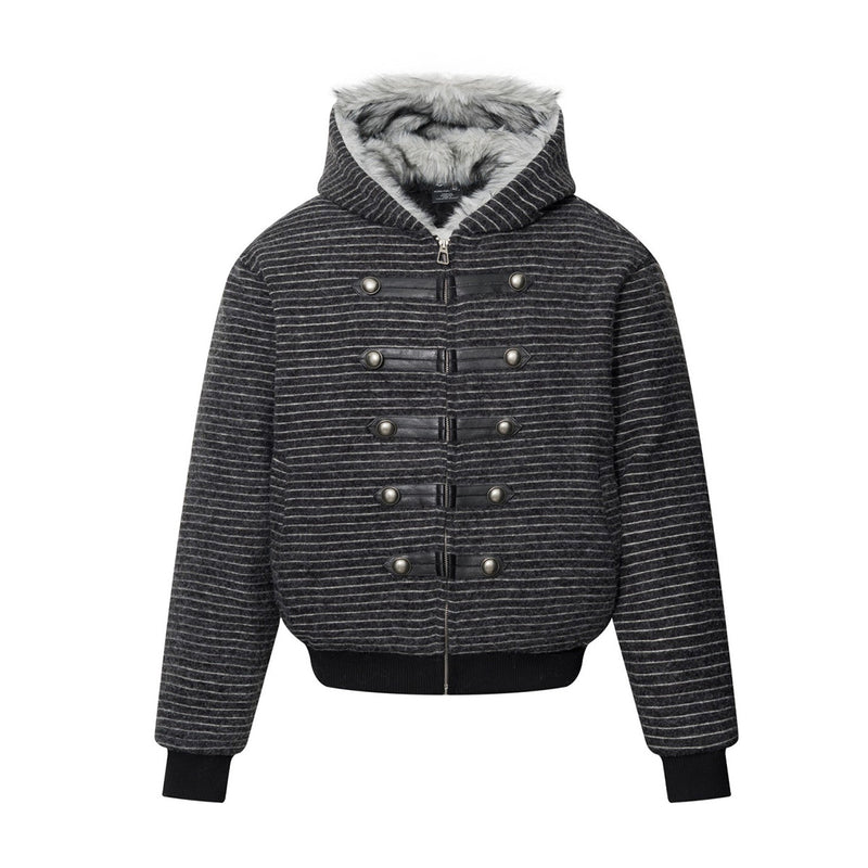 Striped Faux-Fur Hooded Zip-Up Bomber Jacket with Military Button Placket