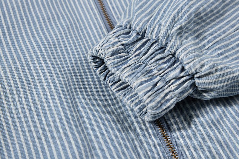 Striped Denim Bomber Jacket Stand Collar Embroidered Retro Boxy Fit