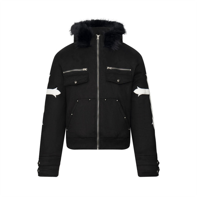 Black Fur-Trim Hooded Bomber Jacket with Arrow Sleeve Patches