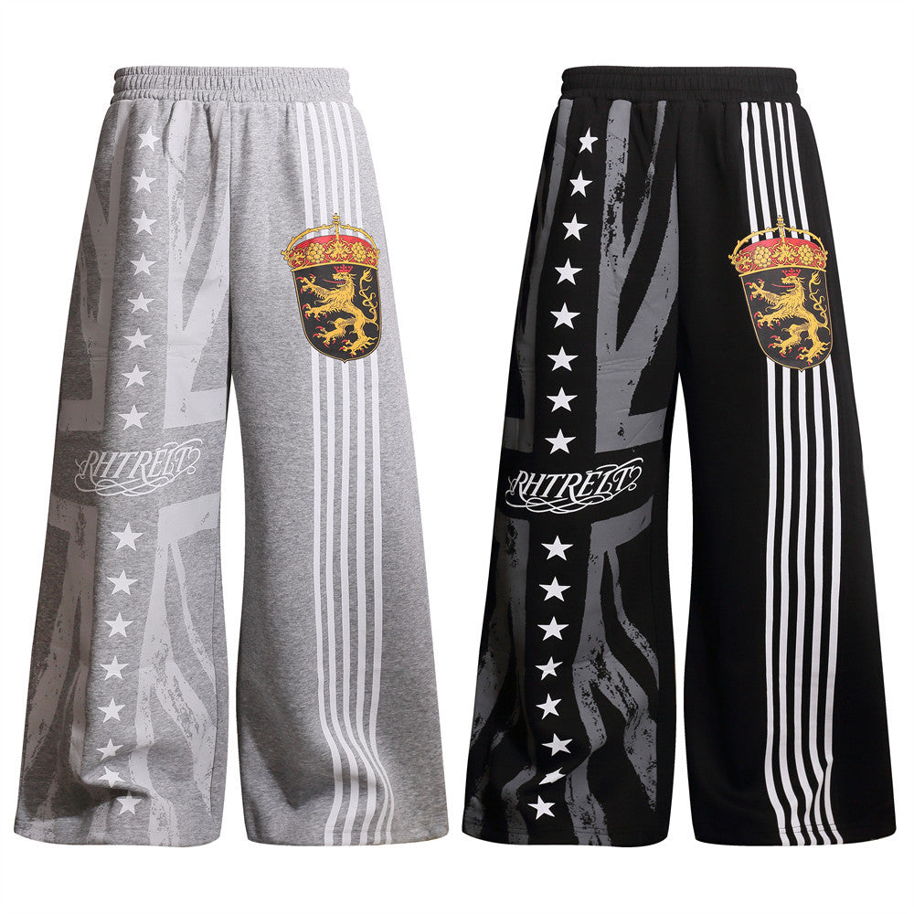 Men's Wide-Leg Sweatpants with Star, Stripe & Heraldic Crest Print