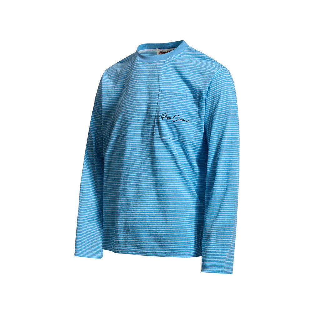 T-shirt homme à manches longues rayé avec poche – Coupe décontractée à col rond