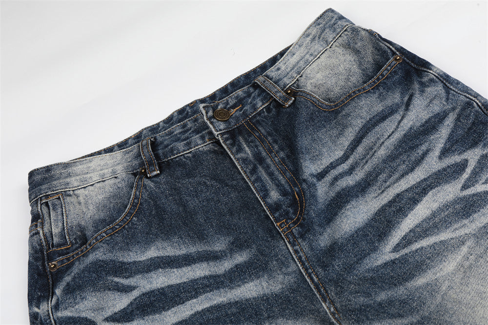 Vintage Wash Wide-Leg Flare Jeans – Men's Distressed Crease-Effect Denim