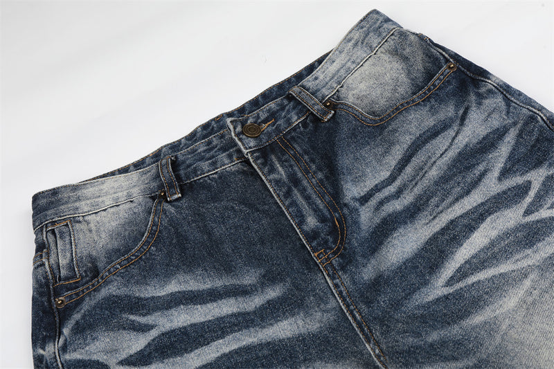 Vintage Wash Wide-Leg Flare Jeans – Men's Distressed Crease-Effect Denim