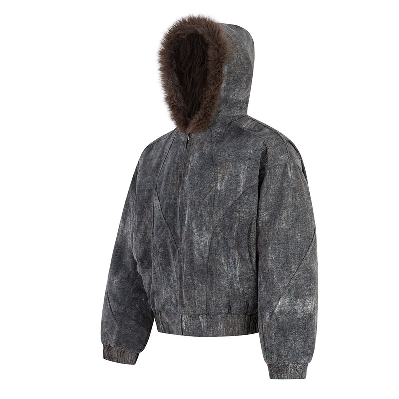 Washed Denim Bomber Jacket with Faux Fur Hood – Vintage American Style