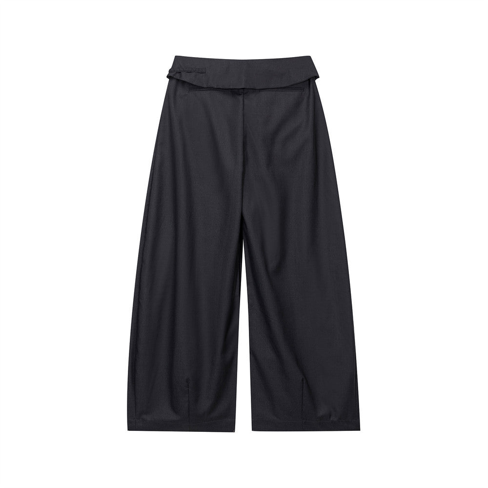 Wide-Leg Pleated Trousers with Fold-Over Waist & Drawstring