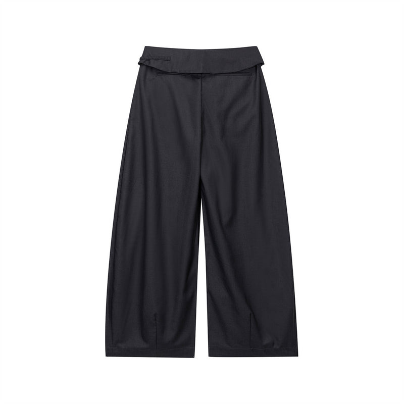 Wide-Leg Pleated Trousers with Fold-Over Waist & Drawstring