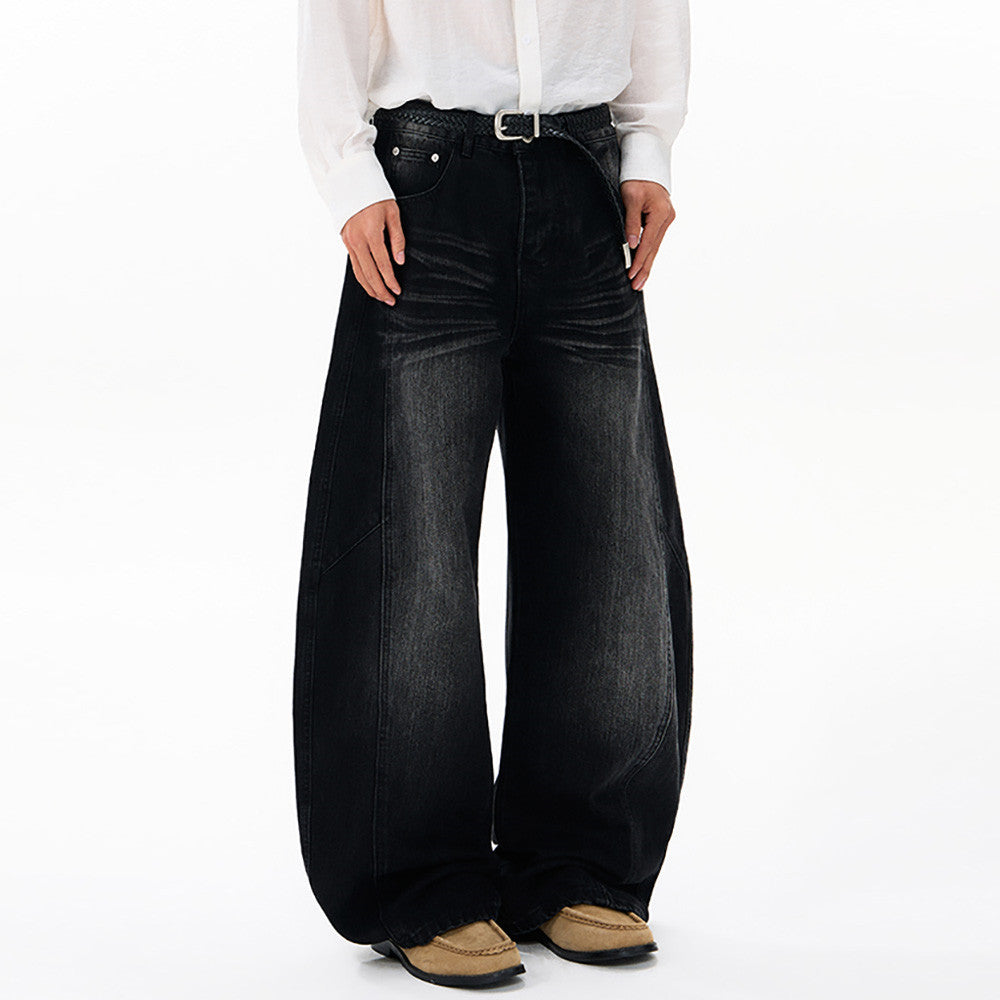 Men's Black Baggy Wide-Leg Jeans – Washed Distressed Curved Silhouette