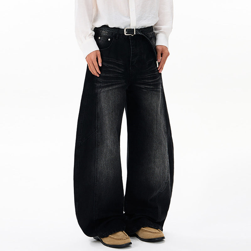 Men's Black Baggy Wide-Leg Jeans – Washed Distressed Curved Silhouette