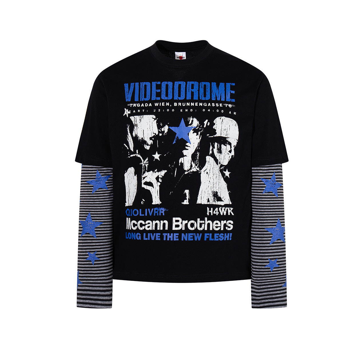 Black long sleeve double-layer graphic tee with Videodrome concert print on chest and grey striped sleeves with blue star pri