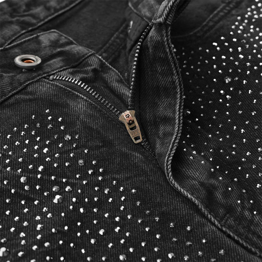 Men's Wide-Leg Baggy Jeans – Washed Black Rhinestone Embellished Denim