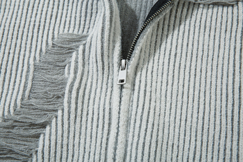 Distressed Knit Zip-Up Cardigan Jacket – Reversible Ribbed Sweater Coat