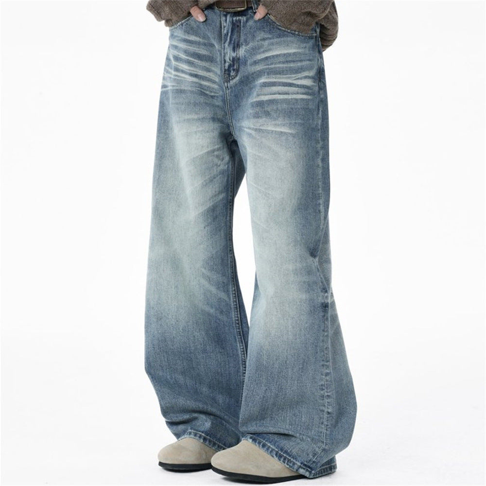 Men's Relaxed Fit Jeans Wide Leg Washed Vintage Blue Baggy Denim