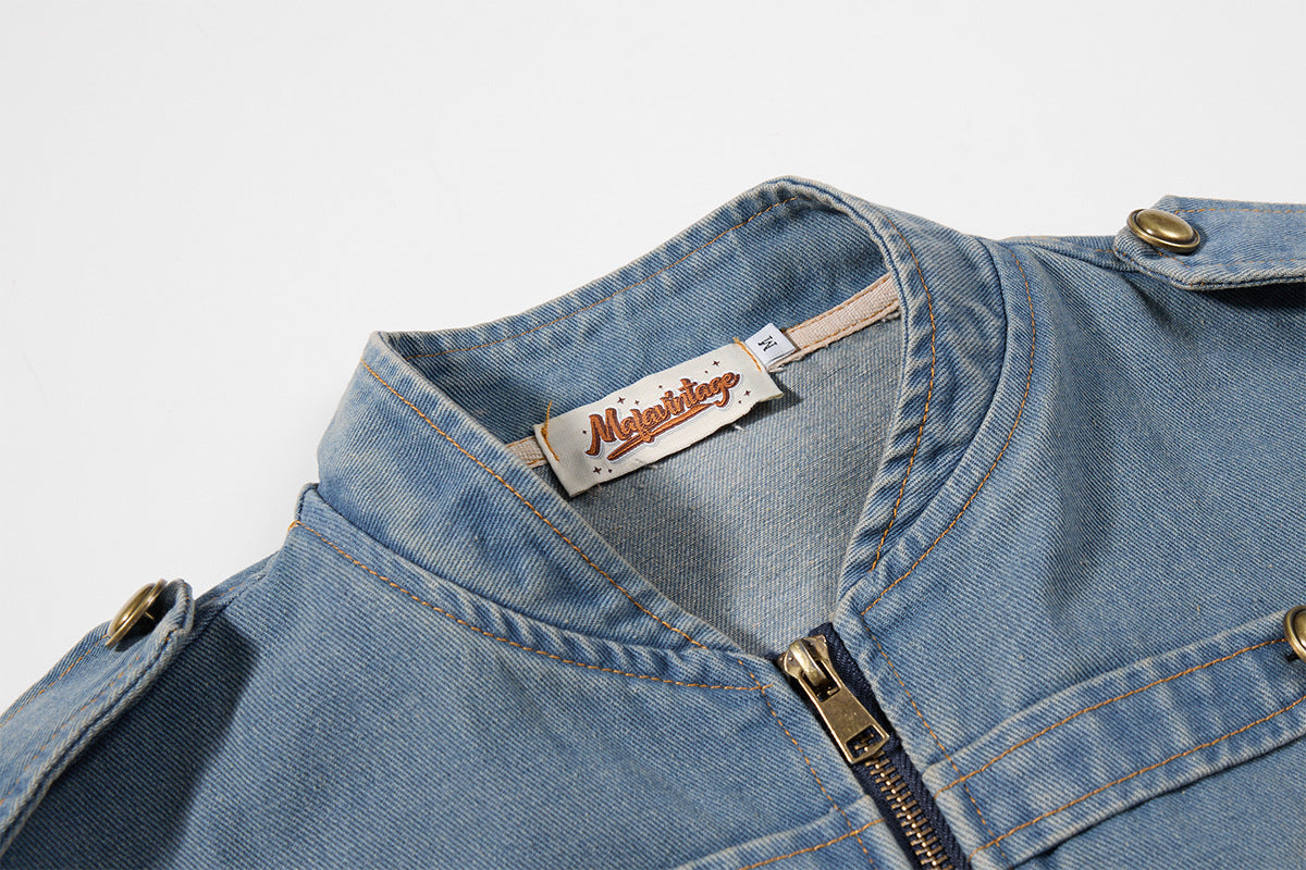 Military-Style Washed Denim Jacket – Stand Collar, Double-Breasted Button Detail