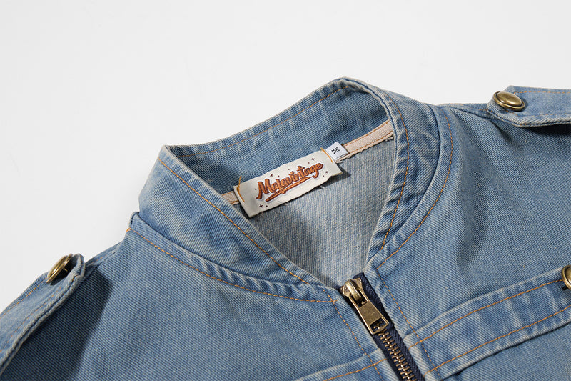 Military-Style Washed Denim Jacket – Stand Collar, Double-Breasted Button Detail
