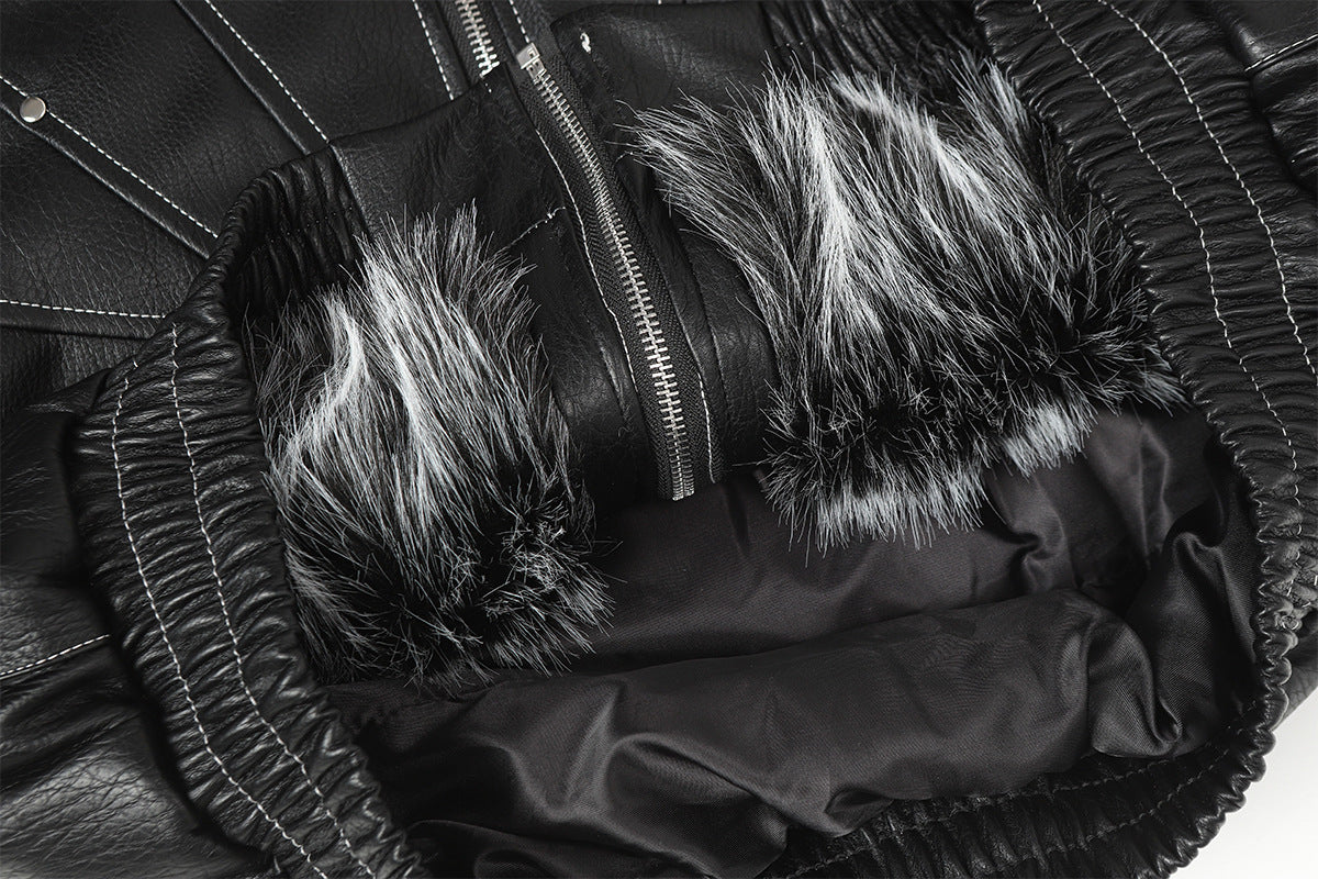 Faux Leather Hooded Bomber Jacket with Faux Fur Collar & Padded Lining