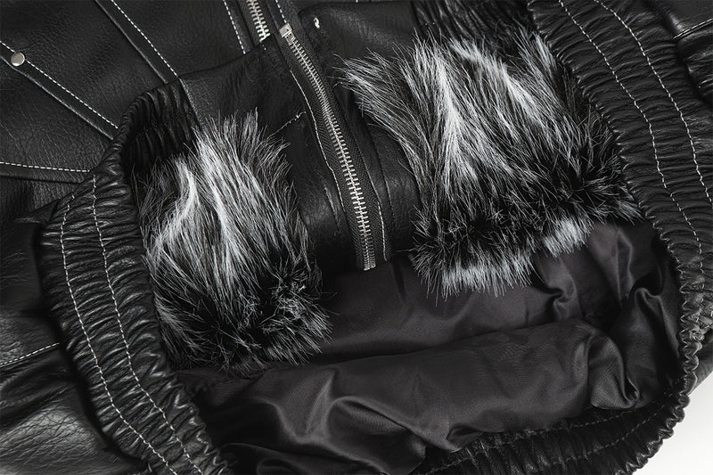 Faux Leather Hooded Bomber Jacket with Faux Fur Collar & Padded Lining