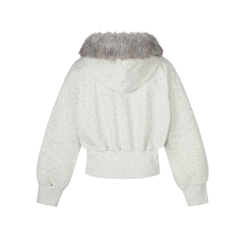 Sweat à capuche zippé brodé chat avec col en fausse fourrure – Style bomber court