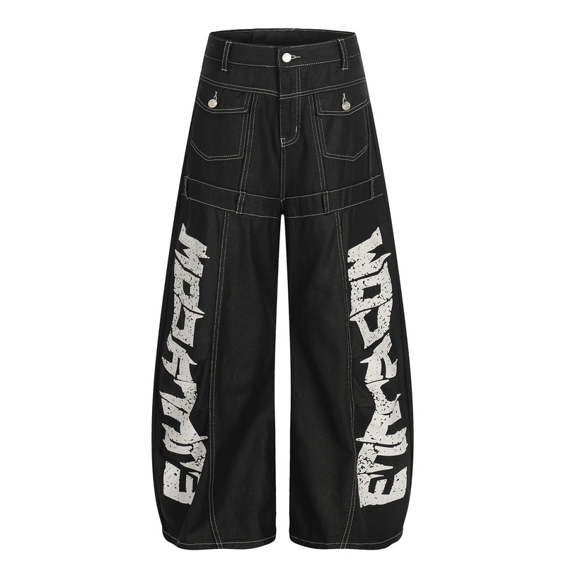 Jean wide leg à imprimé graphique – Denim noir oversize à lettrage affirmé