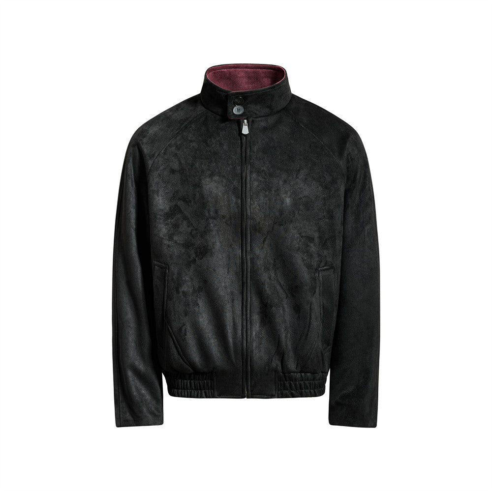 Cazadora bomber para hombre de efecto ante y cuello alzado, en negro lavado, con forro en contraste burdeos y bajo elástico