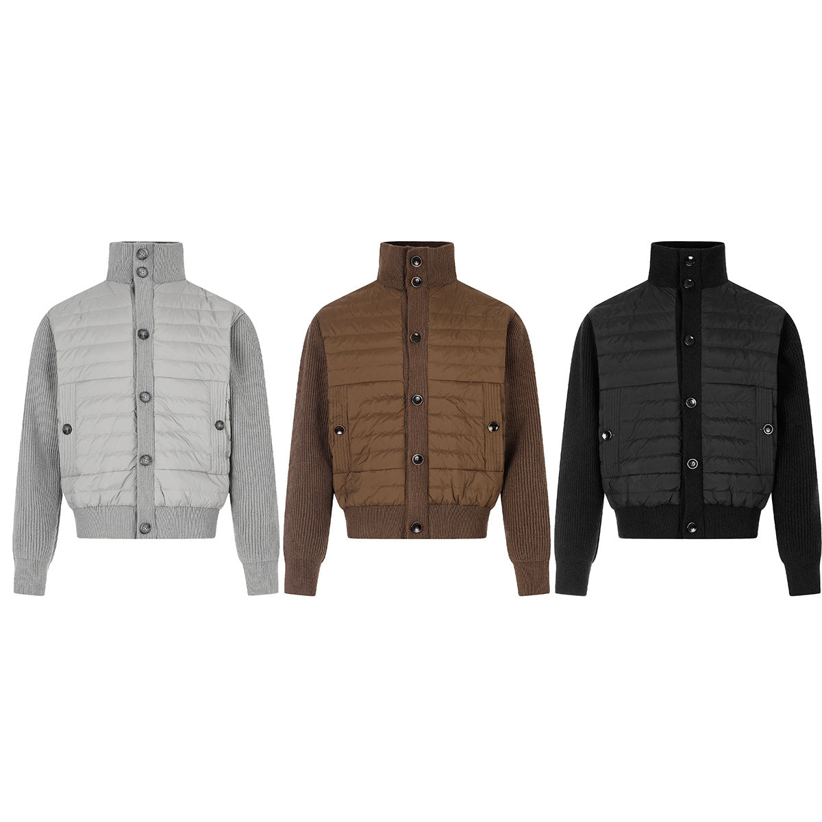 Gesteppte Puffer-Hybridjacke – Strickärmel und Stehkragen