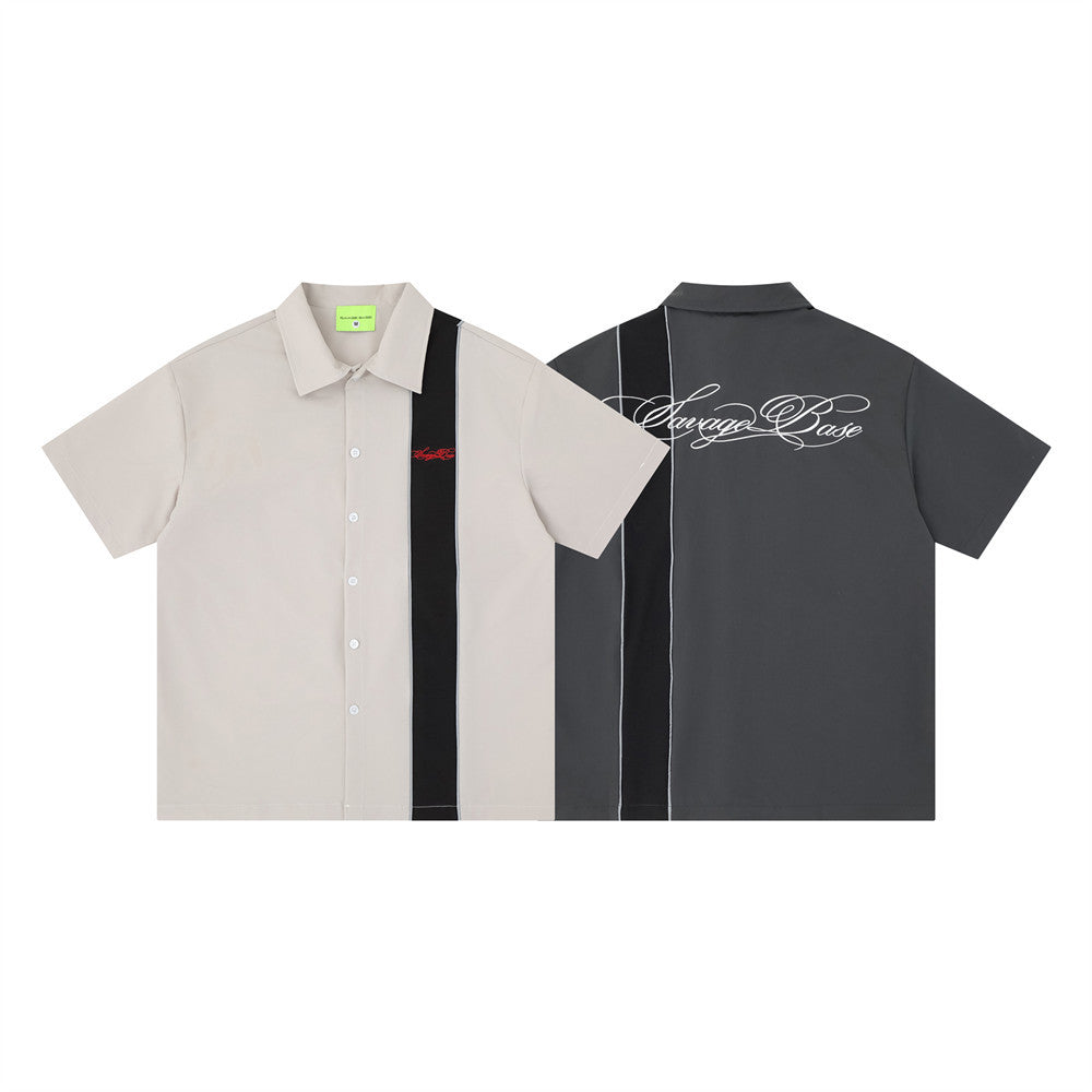 Savage Base colorblock short sleeve bowling shirt in cream and charcoal gray with script logo embroidery on chest and back