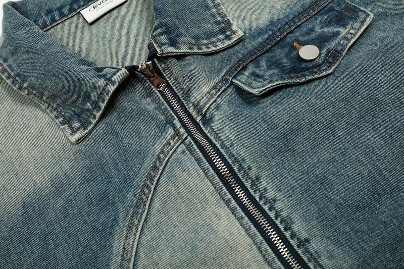 Light Wash Denim Jacket – Zip-Up Boxy Fit with Distressed Wash Detail