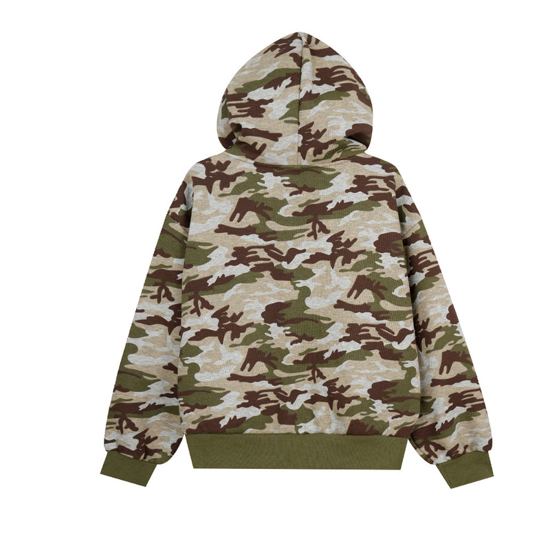Sweat à capuche zippé camouflage avec broderies florales – Sweat-shirt streetwear oversize