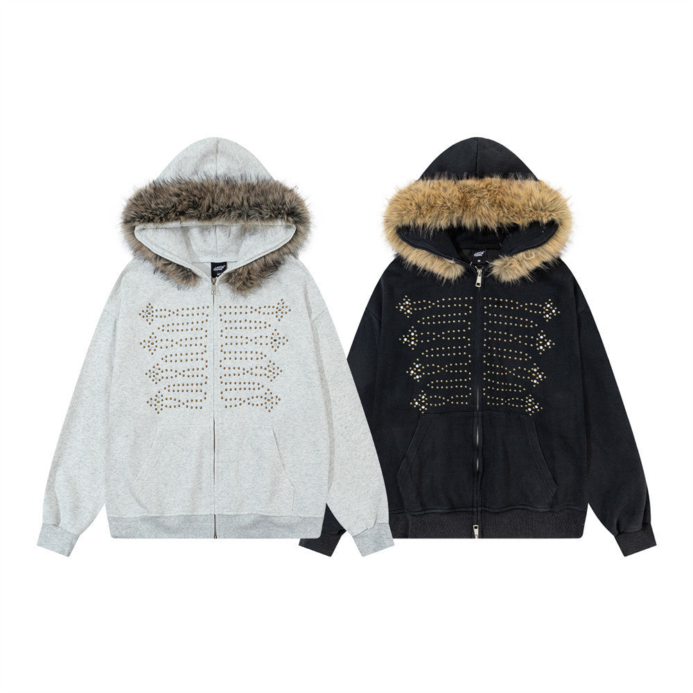 Fur-Trim Zip-Up Hoodie with Studded Skeleton Design – Oversized Streetwear