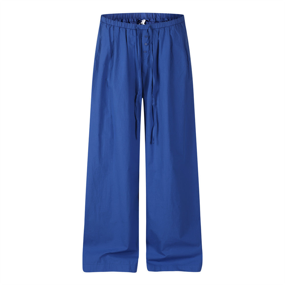 Wide-Leg Relaxed Fit Pants – Elastic Drawstring Waist, Button Placket, Solid