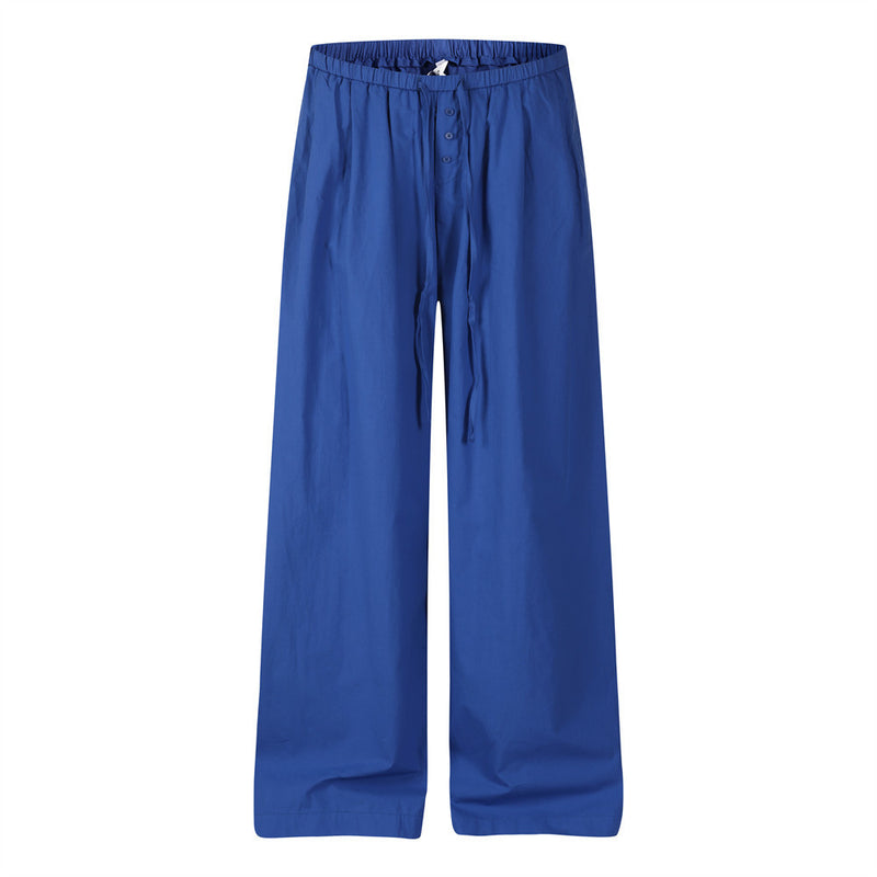 Wide-Leg Relaxed Fit Pants – Elastic Drawstring Waist, Button Placket, Solid